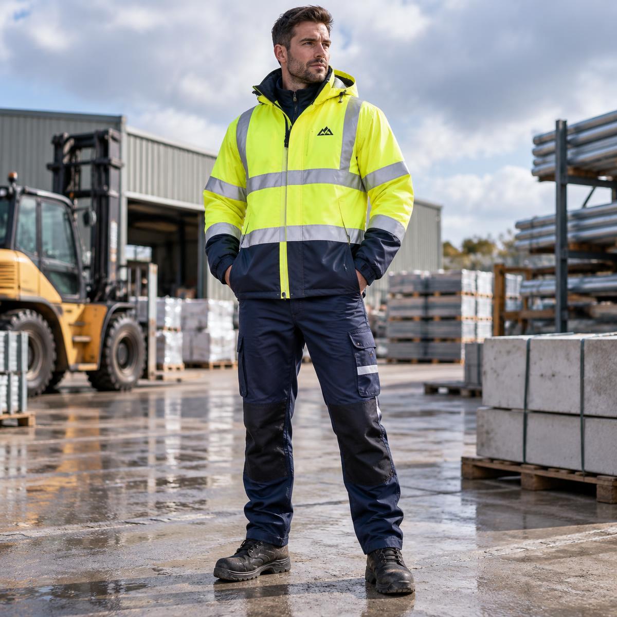 Site worker wearing a yellow hi-vis jacket with an embroidered logo mark