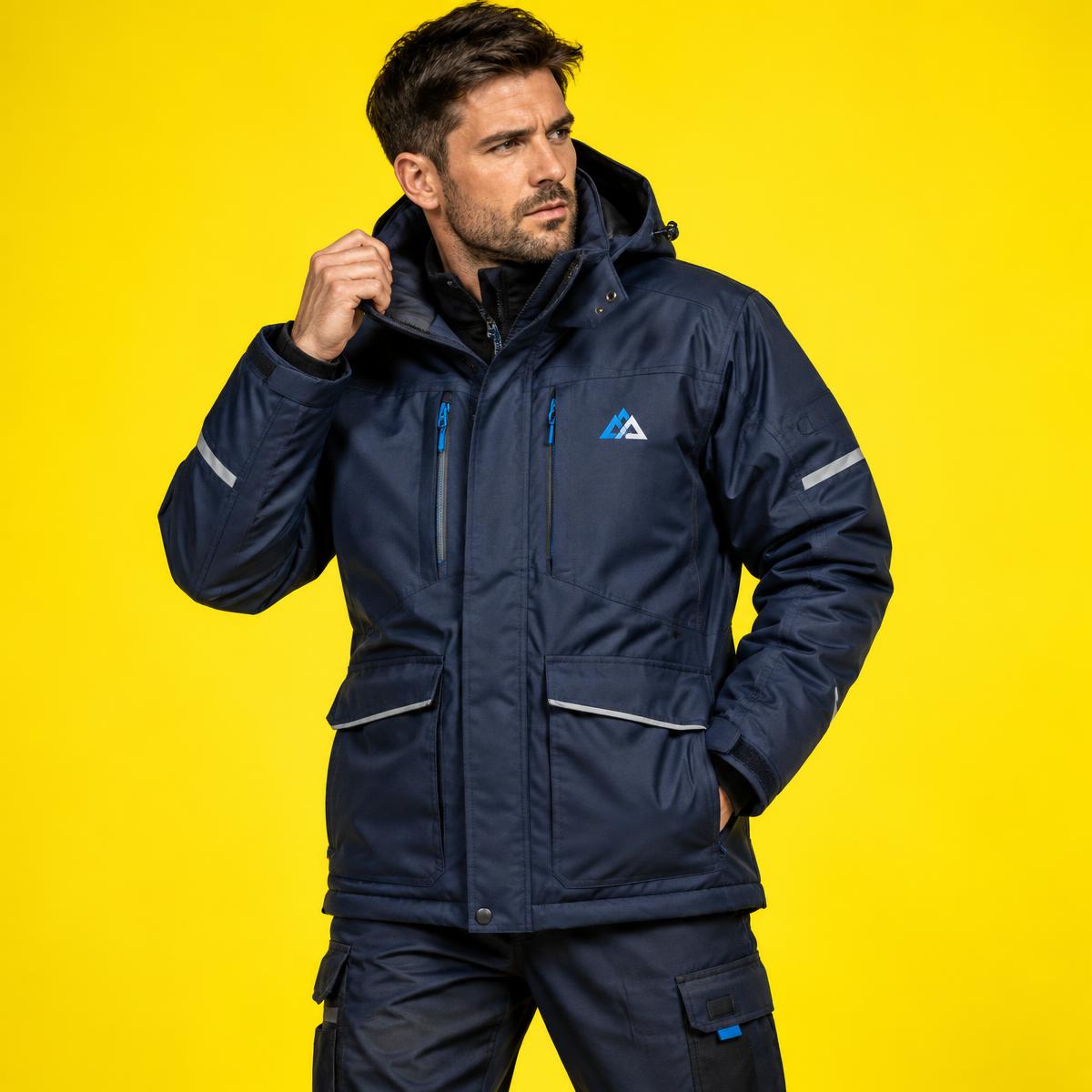 Man wearing a navy branded work jacket against a strong yellow background
