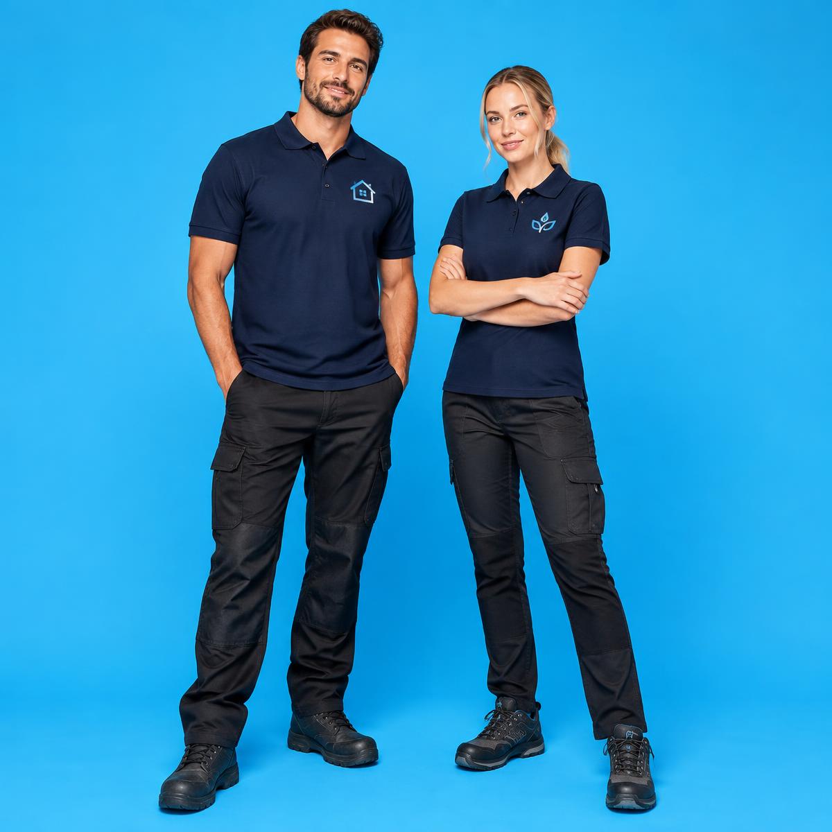 Two people wearing navy work polo shirts with different embroidered logo marks