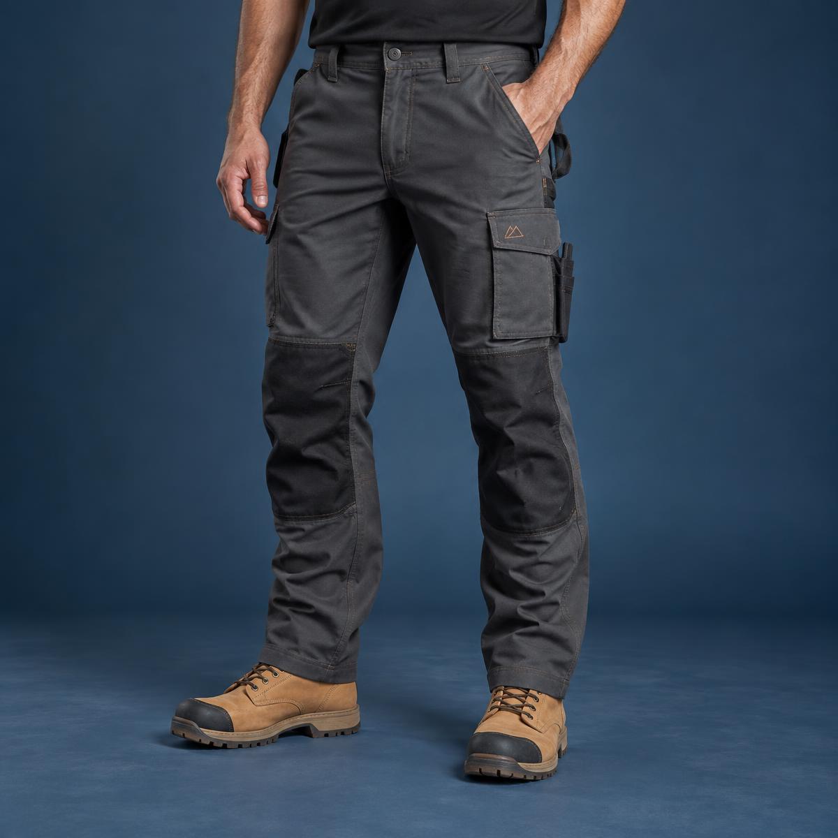 Charcoal technical work trousers with utility pockets and safety boots
