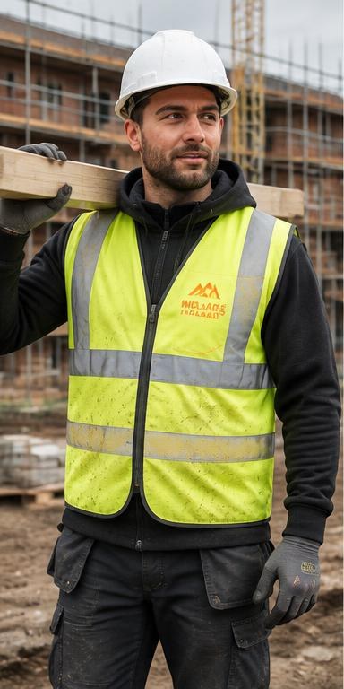Site worker wearing a yellow hi-vis vest on a construction site