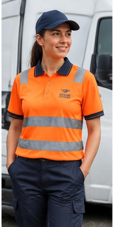 Delivery driver wearing an orange hi-vis polo shirt beside a van