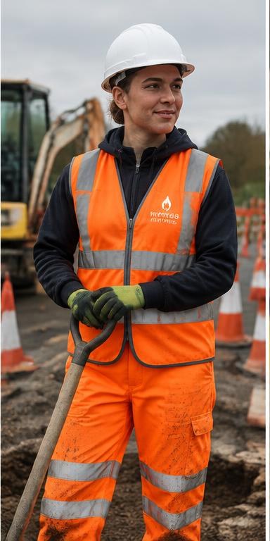 Groundworker wearing orange hi-vis trousers on a roadworks site