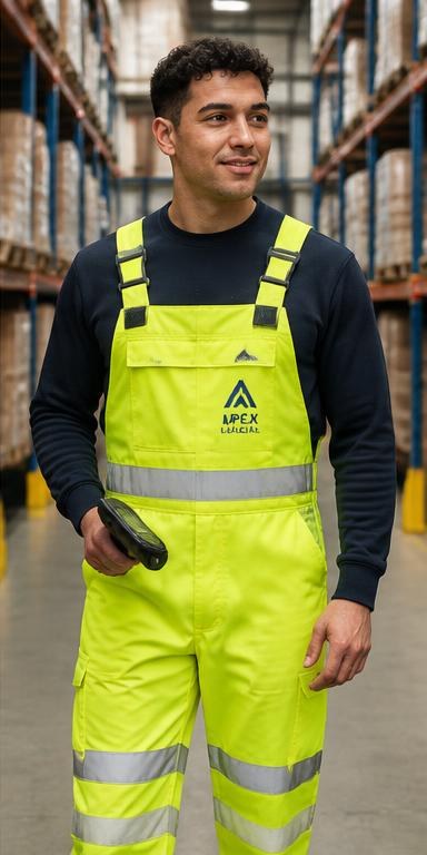 Warehouse worker wearing yellow hi-vis overalls