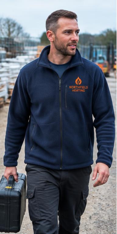 Man wearing a navy fleece work jacket in a site yard