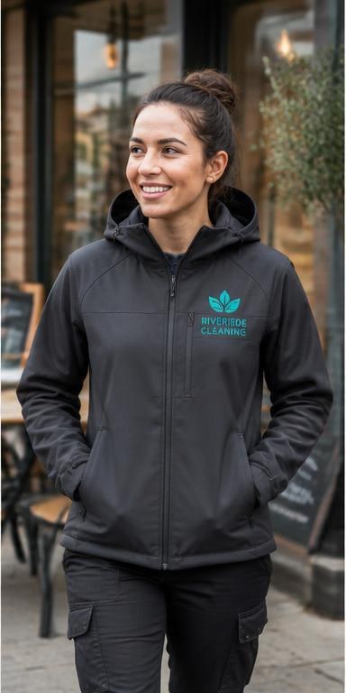 Cafe worker wearing a charcoal hooded work jacket