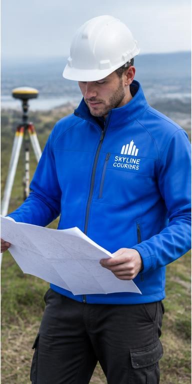 Surveyor wearing a blue soft shell jacket reviewing plans outdoors