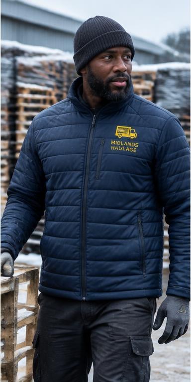 Worker wearing a navy padded jacket in a cold yard