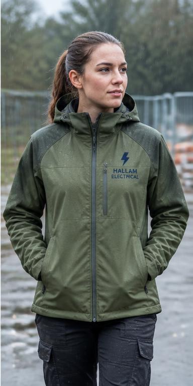 Worker wearing an olive all-weather work jacket in light rain