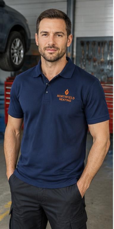 Man wearing a navy short-sleeve work polo shirt in a garage workshop