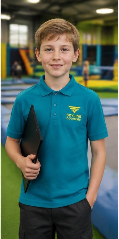 Child wearing a teal work polo shirt at an indoor activity centre