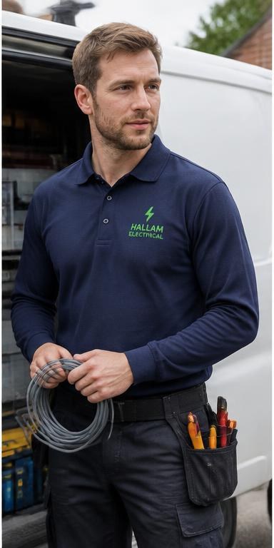 Engineer wearing a navy long-sleeve work polo shirt by a van