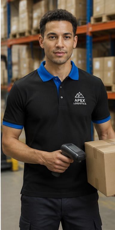 Warehouse worker wearing a black polo shirt with a blue contrast collar