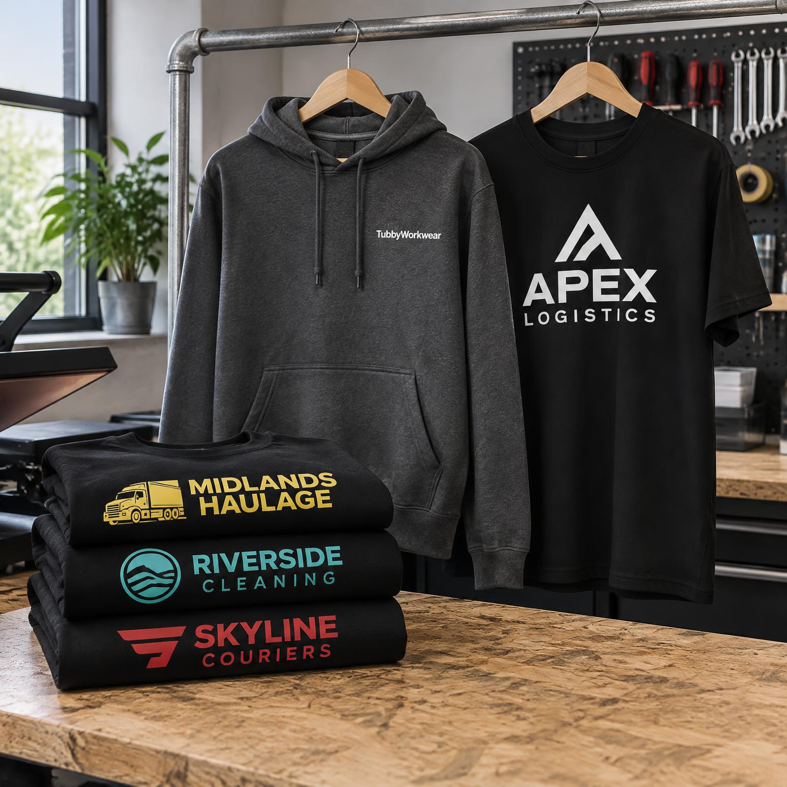 Printed T-shirts and hoodies arranged on a workbench