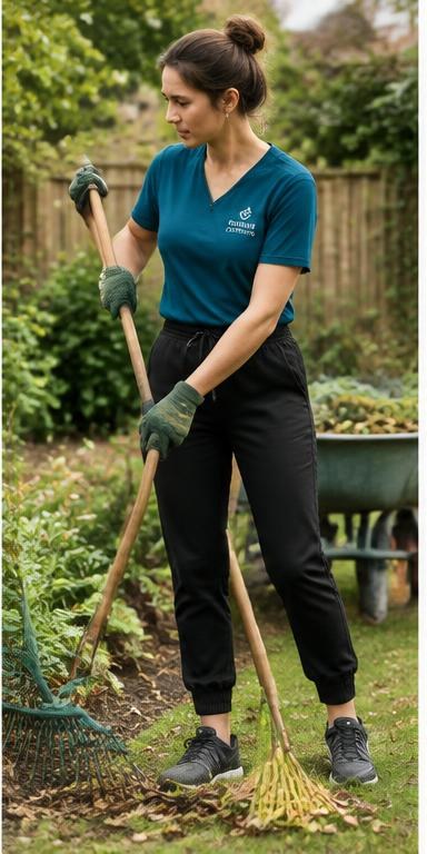 Landscaper wearing black jog pants in a garden
