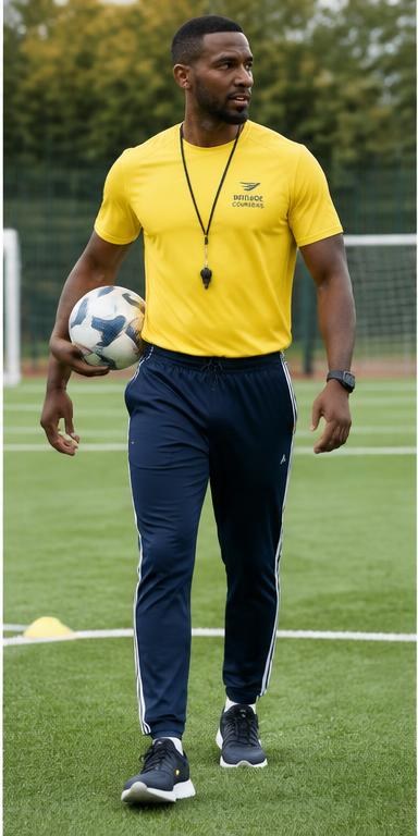 Sports coach wearing navy track trousers on a sports field