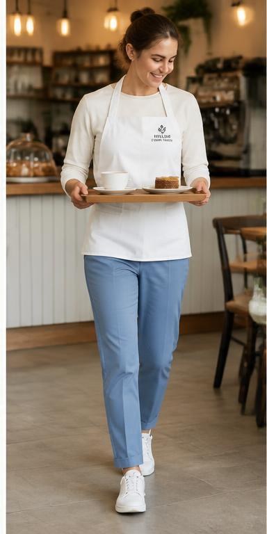 Cafe worker wearing stone blue chino trousers