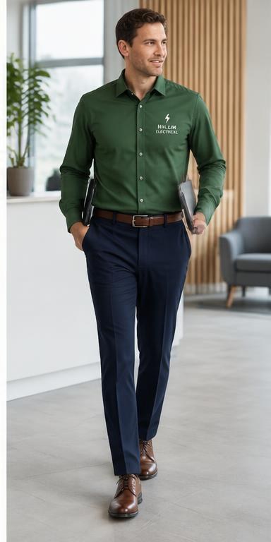 Office worker wearing navy corporate trousers