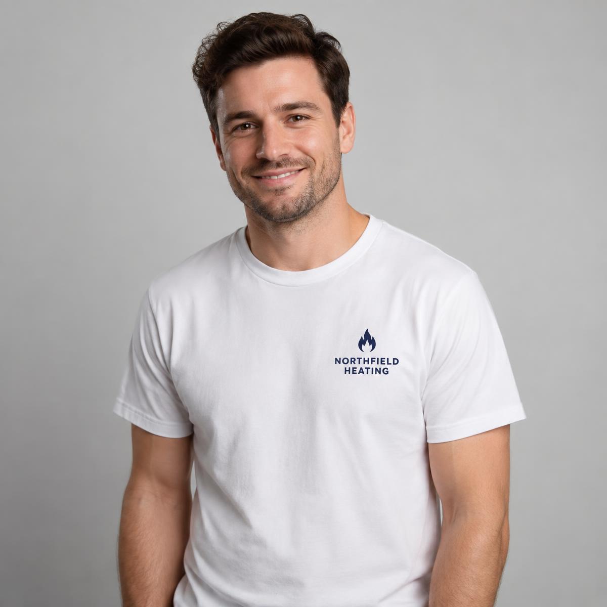 Person wearing a white T-shirt printed with a fictional client logo on the left breast