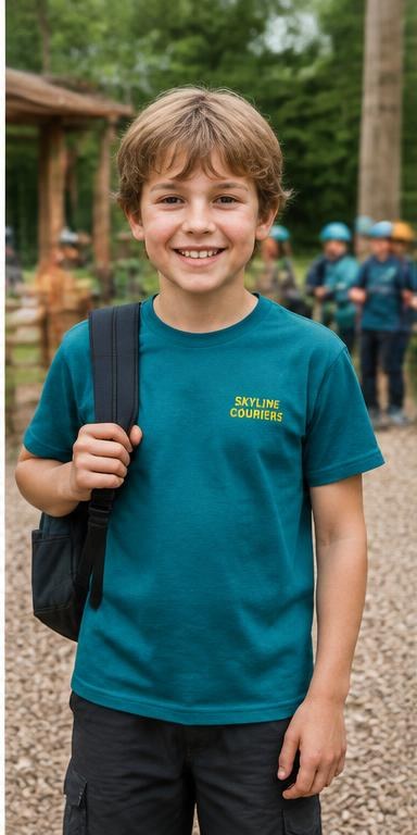 Child wearing a teal printed T-shirt at an outdoor activity club