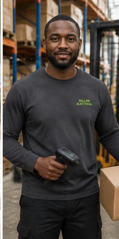 Warehouse worker wearing a charcoal long-sleeve printed T-shirt