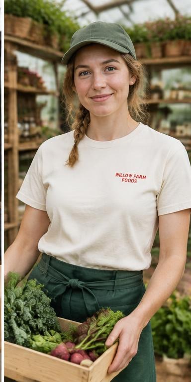 Farm shop worker wearing a cream organic cotton printed T-shirt